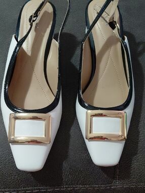 Alfani White and Black Slingback Flats with Gold Buckle Size 10